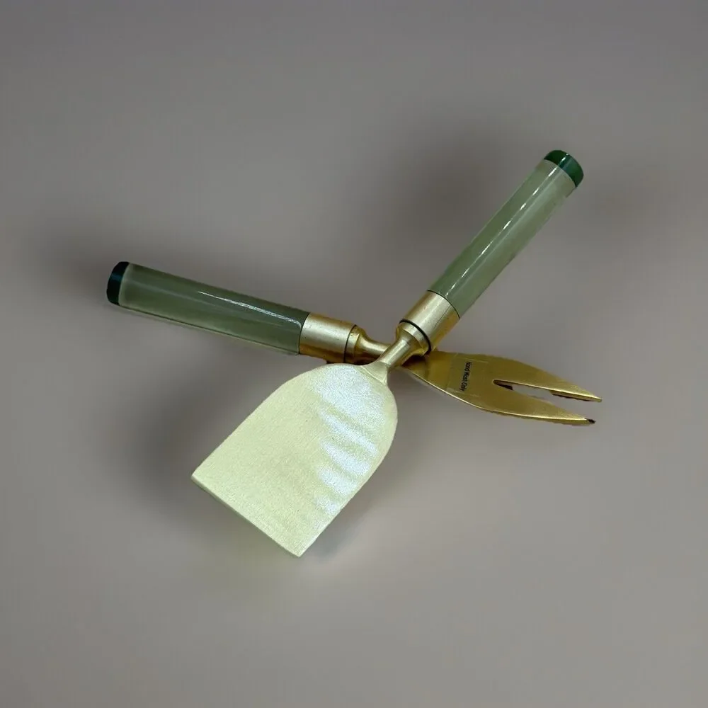Mid-Century Modern Brass Cheese Server Set With Light Green Lucite Handles